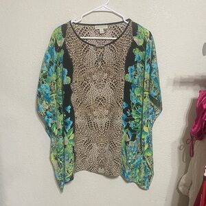Dana Buchman Blue and Green Floral Leopard Blouse